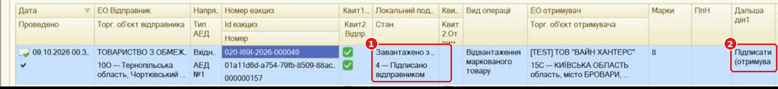 Робочий стіл AEDoc: вхідний АЕД у стані «Підписано відправником», дальша дія «Підписати (отримувач)»